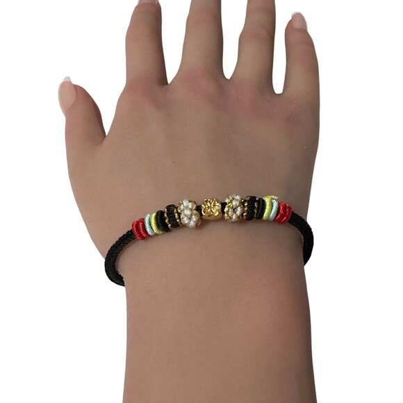 18K Gold Money Bag Bracelet Multicolor Yarn Rose Quartz Square Bead Size 6-6.5" - Picture 8 of 9